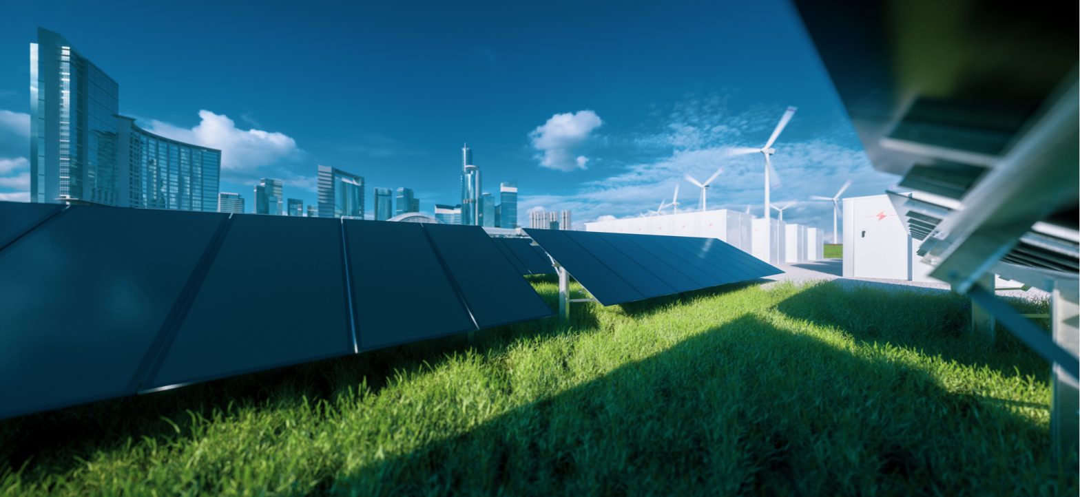 Solar panels and wind turbines in a field