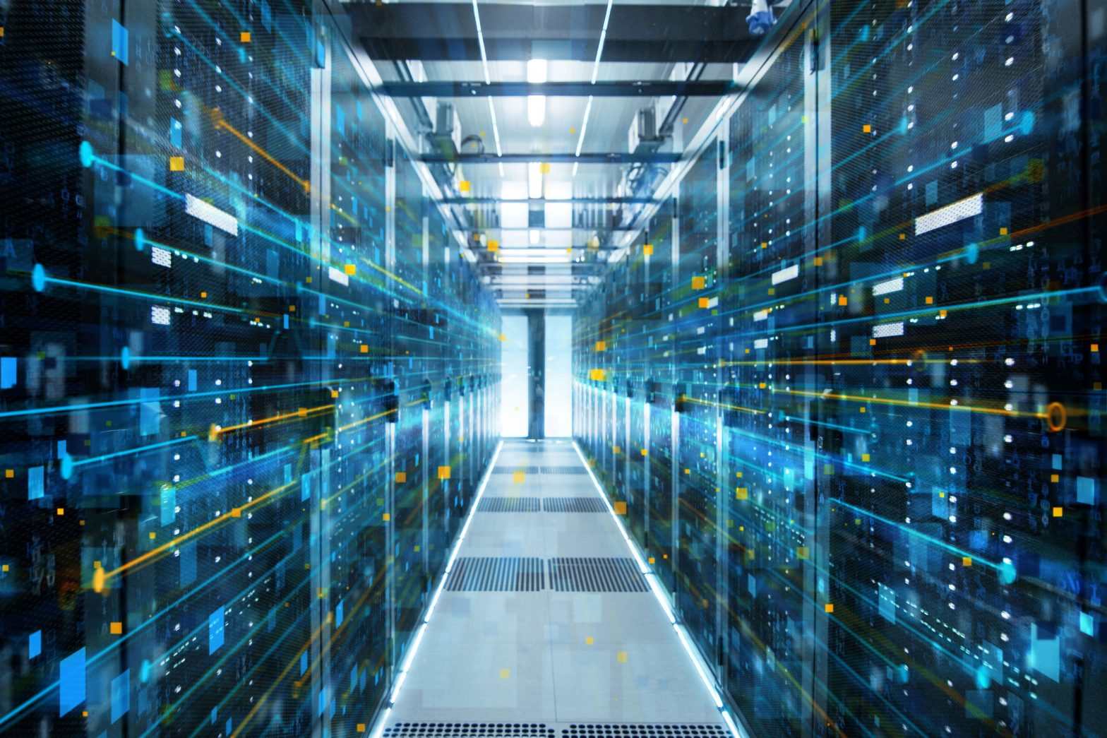 Shot of a data centre full of servers with blue neon lights