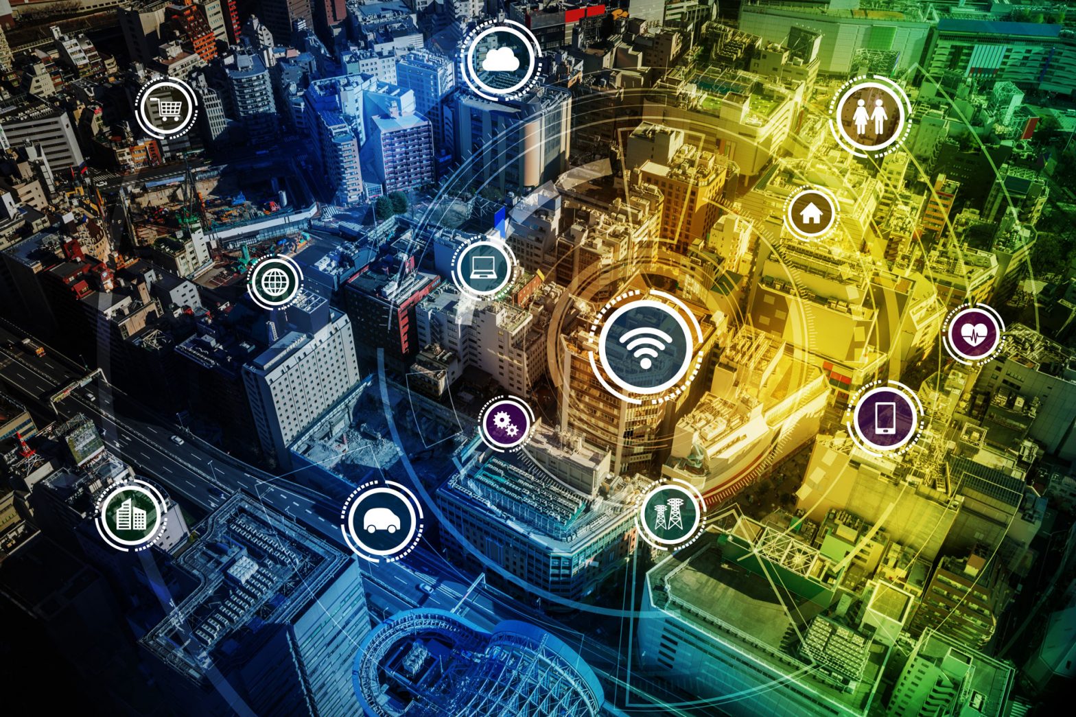 Colourful birds eye view shot of city with various icons