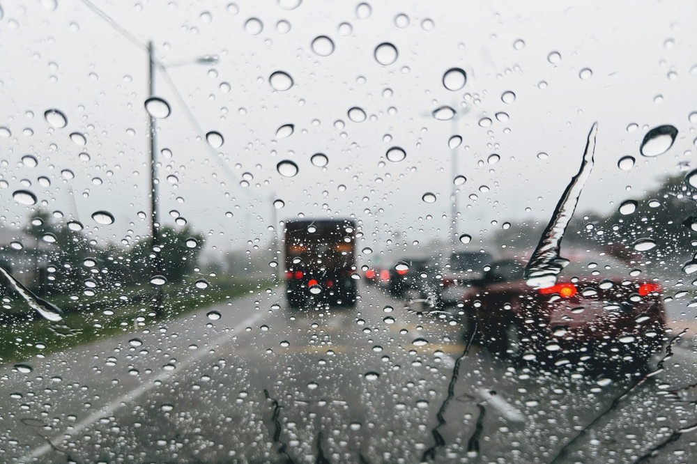 Windscreen view of driving in the rain