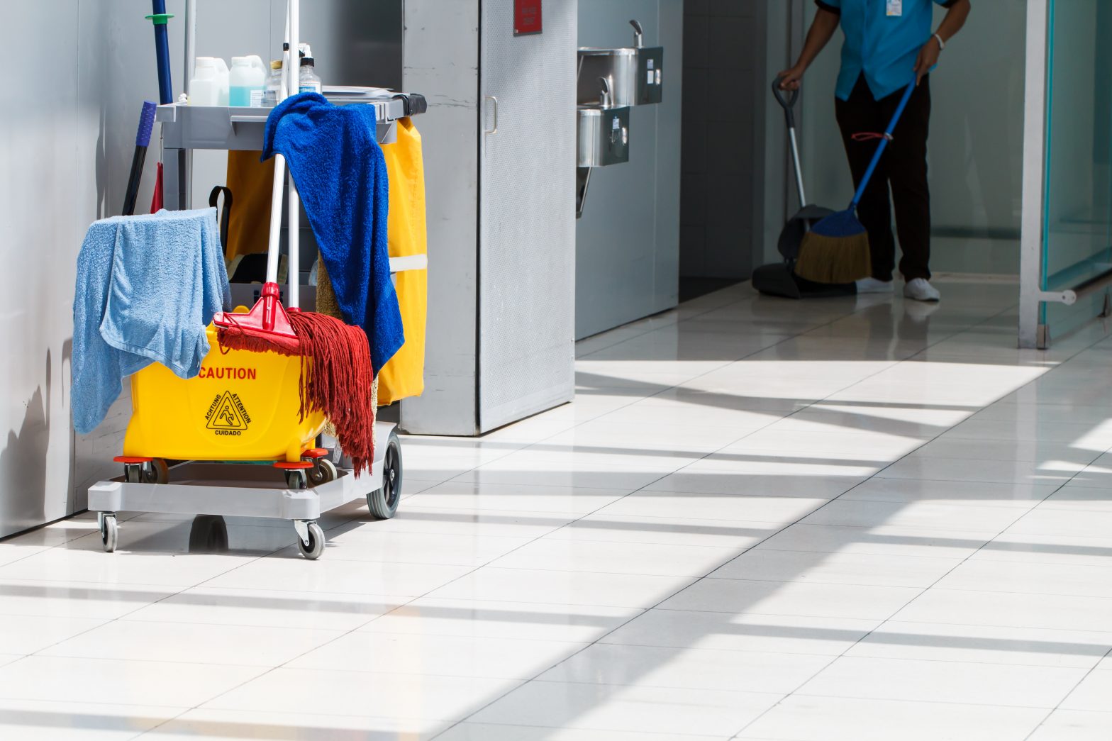 Cleaning cart in the hallway of an office building