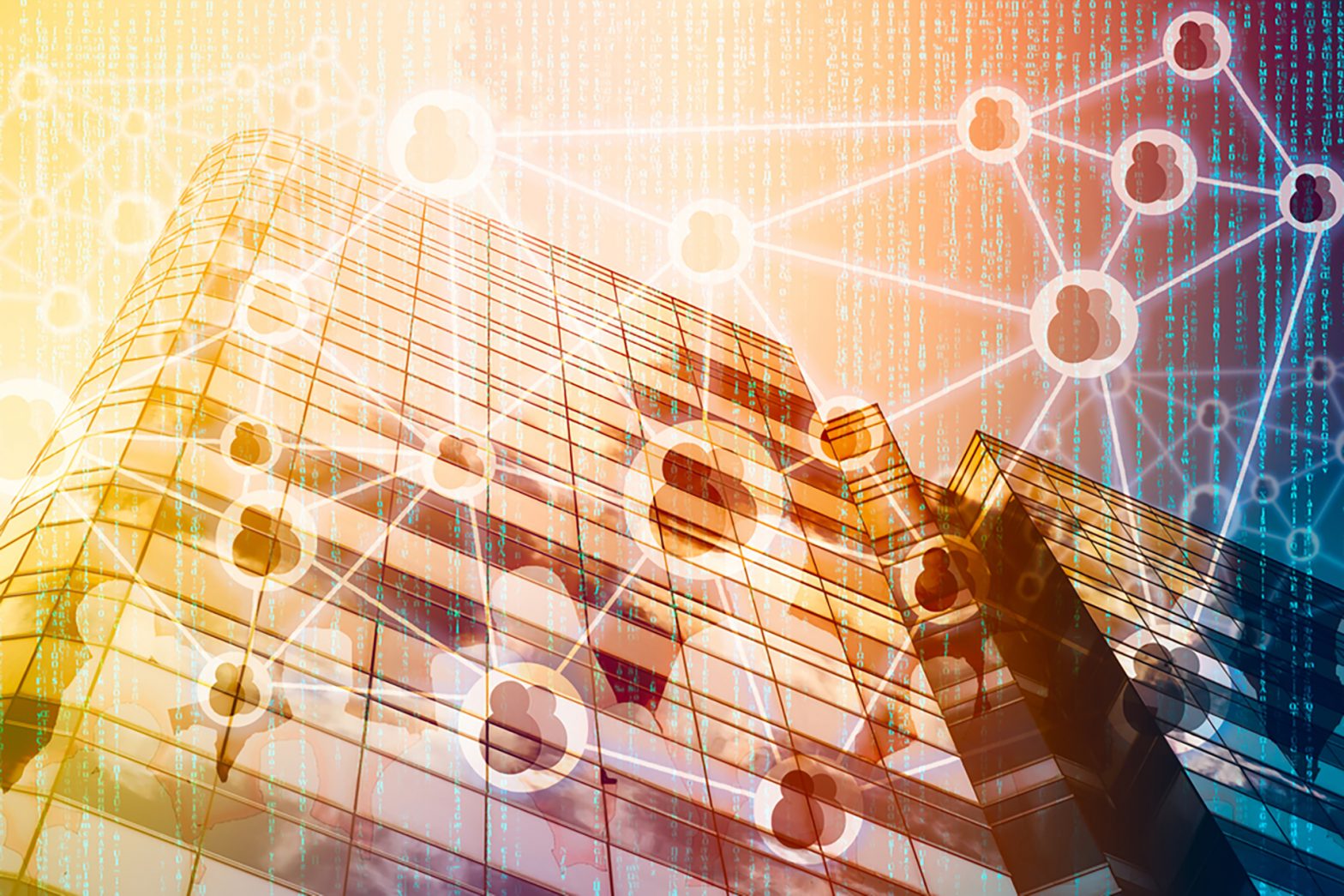 Glass building with connected icons