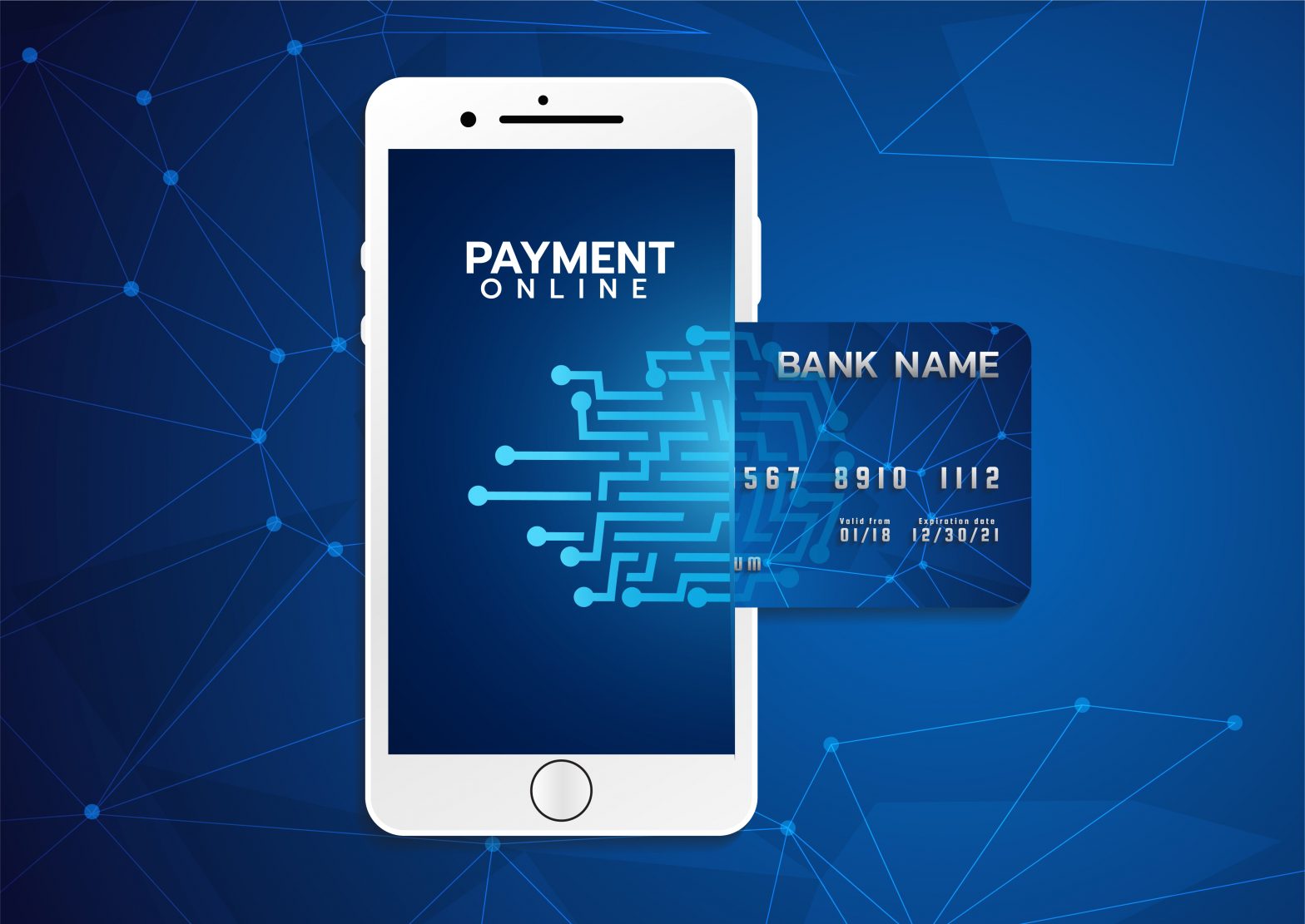 Illustration of smartphone processing of mobile payments from credit card