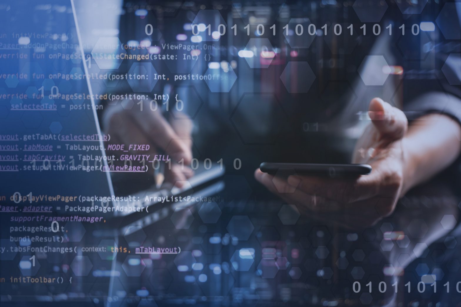 person using a laptop with a code overlaying the image