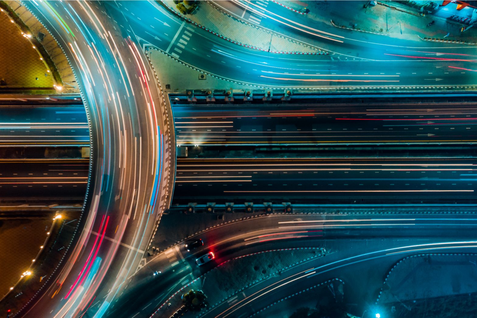 aerial picture of a busy motorway at night.